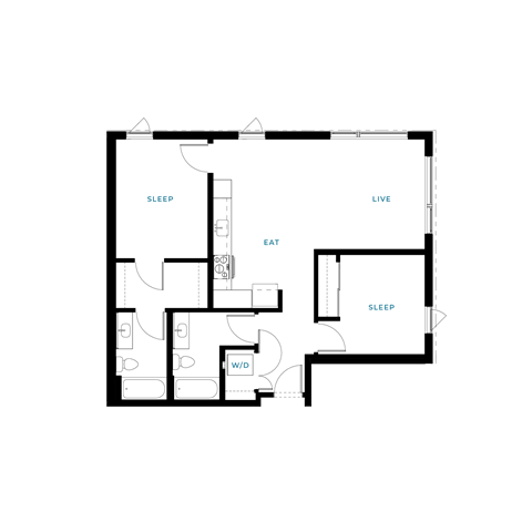 Floor plan for 2 beds, 2 baths, 933 sqft
